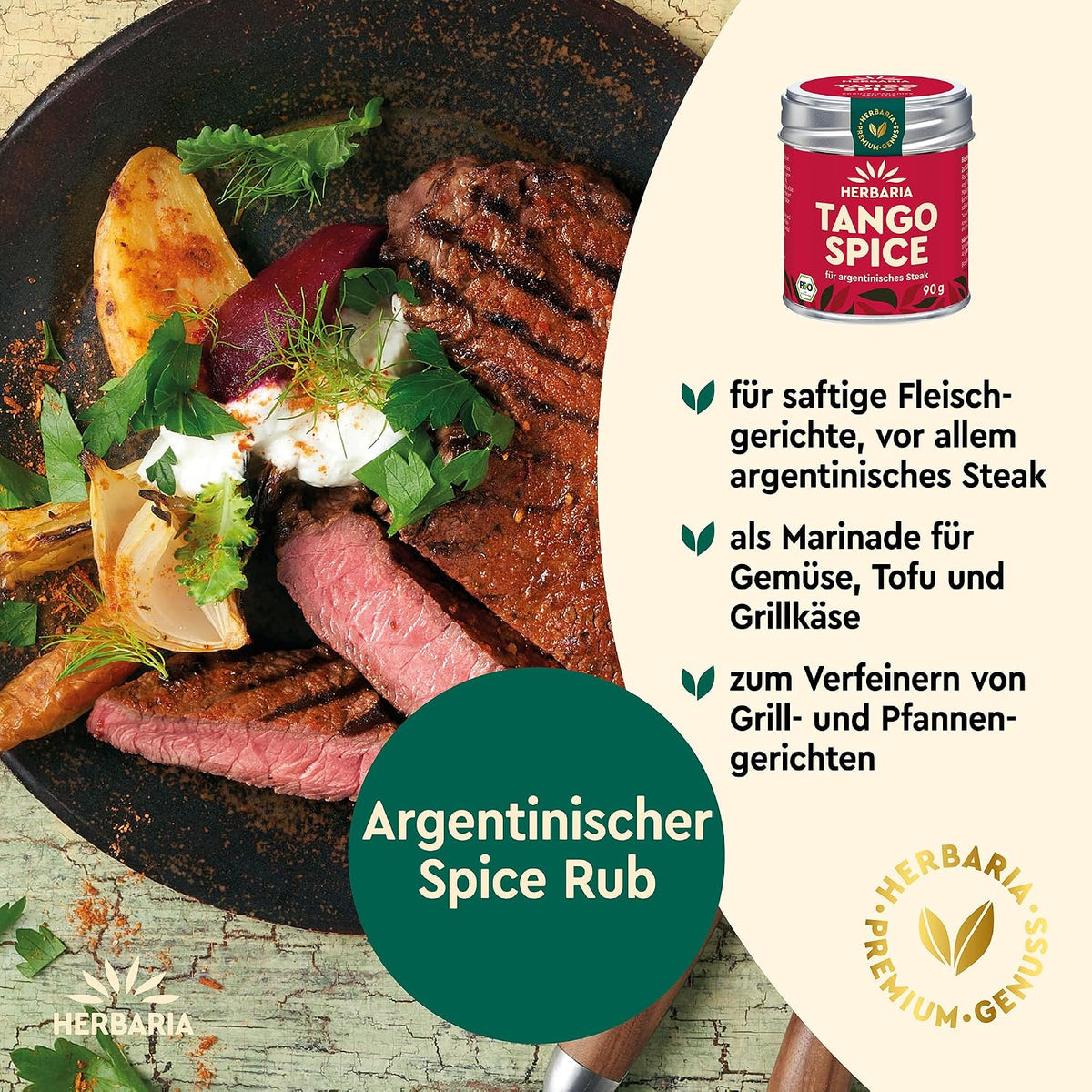 Teller mit gegrilltem Steak, Gemüse und Kräutern, daneben Herbaria Tango Spice Dose und Anwendungstipps für das Grillgewürz.