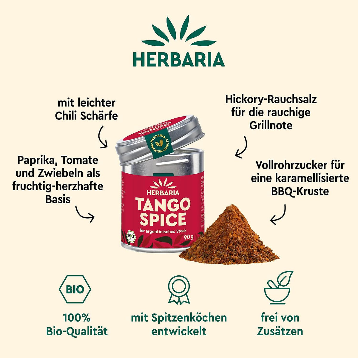 Herbaria Tango Spice Dose neben einem Haufen Gewürzpulver, umgeben von Zutatenhinweisen und Produktmerkmalen.
