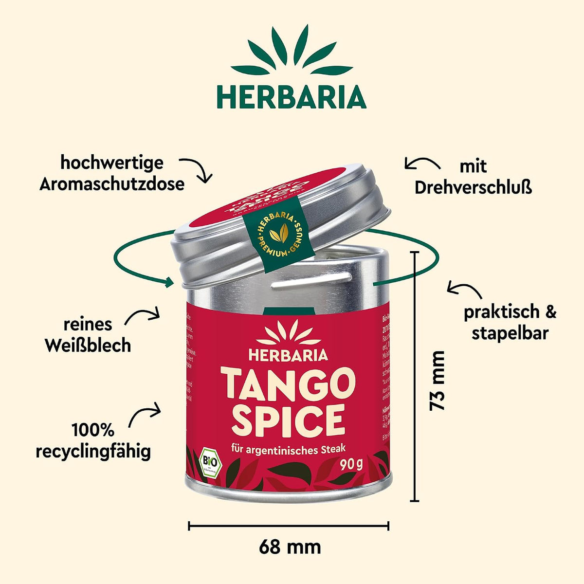 Herbaria Tango Spice Dose mit Maßangaben, Recycling- und Verpackungshinweisen auf hellem Hintergrund.