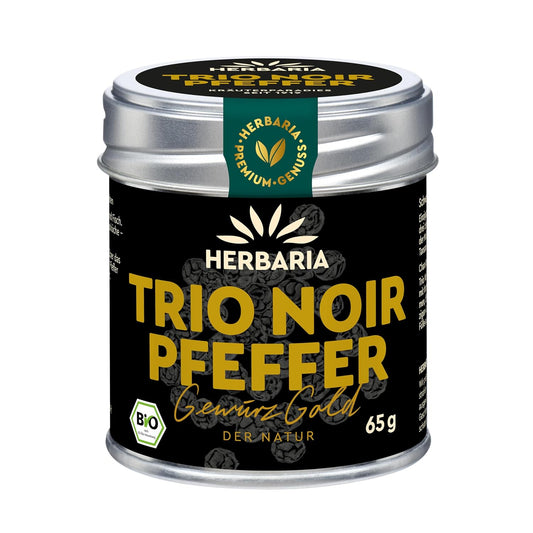 Herbaria Trio Noir Dose mit schwarzem Bio-Pfeffer, 65 g, frontal vor weißem Hintergrund abgebildet.
