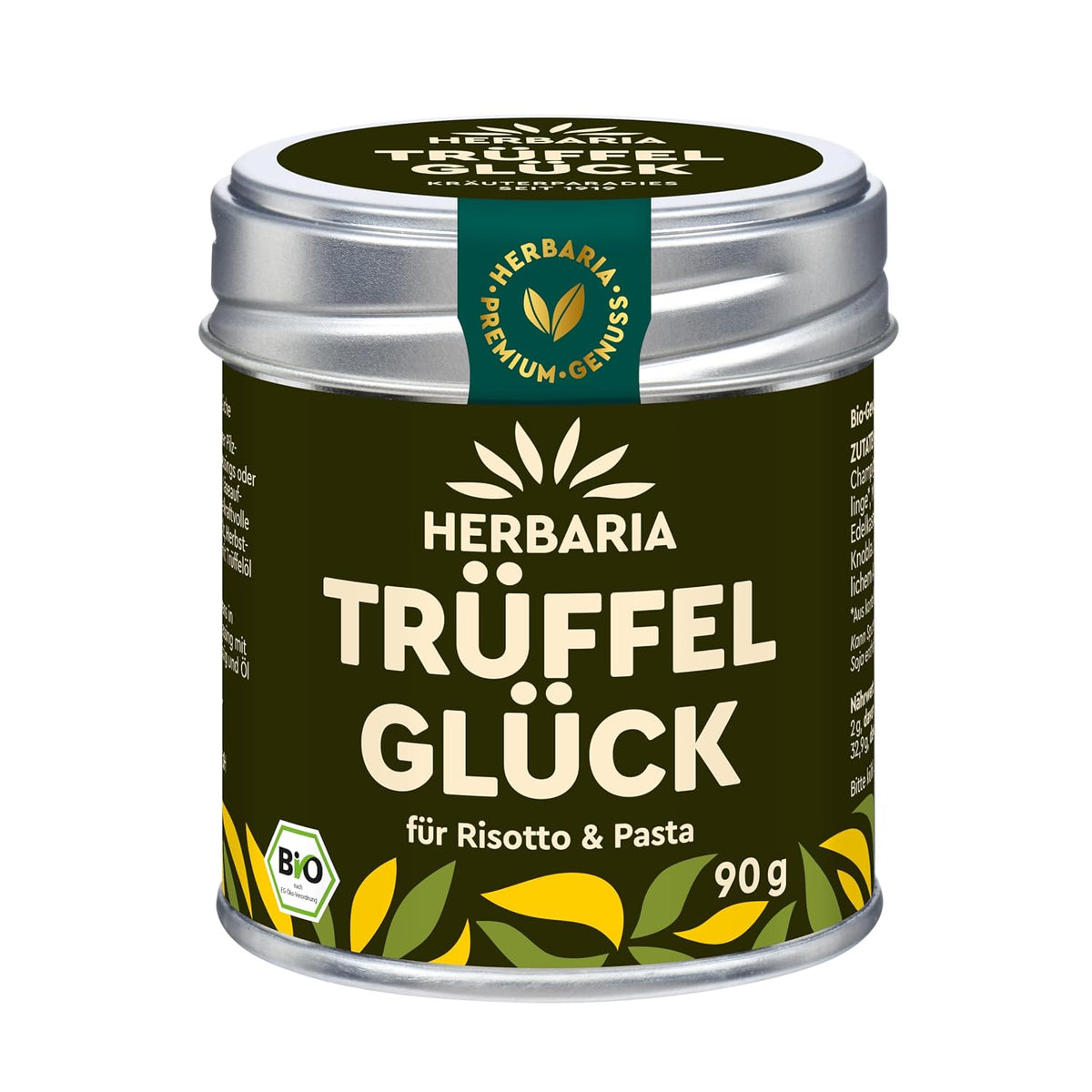 Herbaria Trüffelglück Gewürzmischung in einer Aromaschutzdose mit grün-gelbem Etikett und silbernem Deckel, 90 g.
