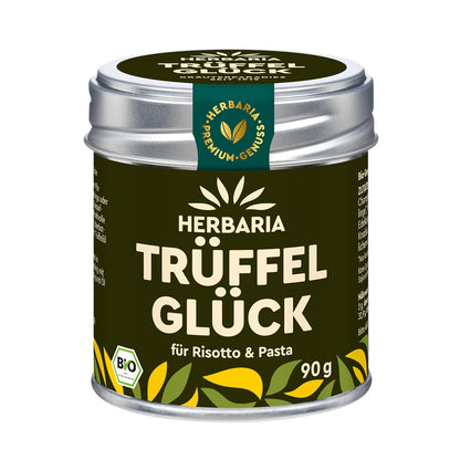Herbaria Trüffelglück Gewürzmischung in einer Aromaschutzdose mit grün-gelbem Etikett und silbernem Deckel, 90 g.