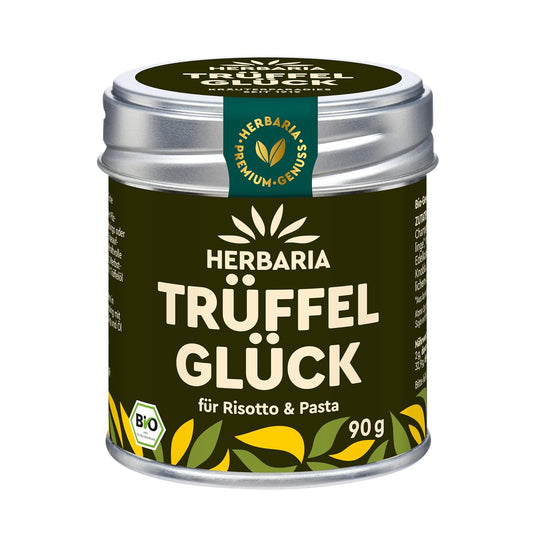 Herbaria Trüffelglück Gewürzmischung in einer Aromaschutzdose mit grün-gelbem Etikett und silbernem Deckel, 90 g.