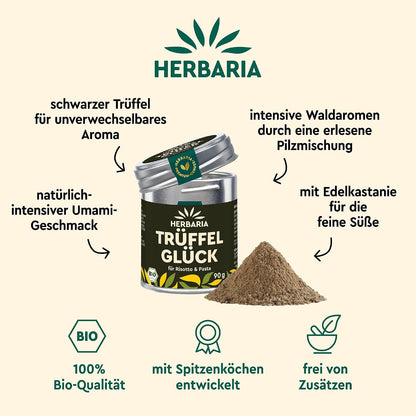 Herbaria Trüffelglück Pilzgewürz-Dose neben einem Haufen Gewürzpulver, umgeben von Produktmerkmalen auf beigem Hintergrund.