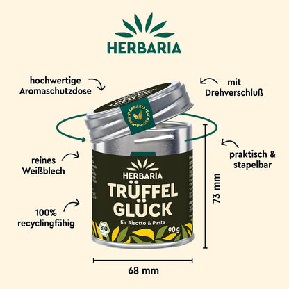 Herbaria Trüffelglück Gewürzmischung in geöffneter Aromaschutzdose mit Maßangaben und Hinweisen zu Material und Funktion.