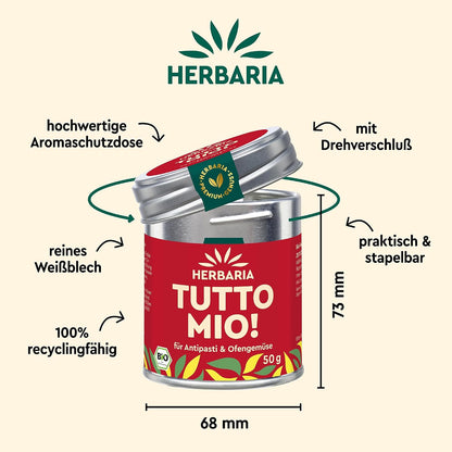 Herbaria Tutto Mio Dose mit geöffnetem Deckel, daneben Maße und Hinweise zu Material, Recyclingfähigkeit und praktischem Drehverschluss.