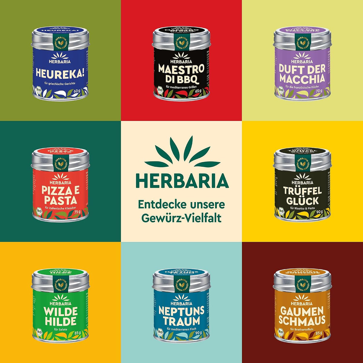 Verschiedene Herbaria Gewürzdosen, darunter Tutto Mio, auf buntem Hintergrund, mittig das Herbaria Logo und der Hinweis auf die Gewürz-Vielfalt.