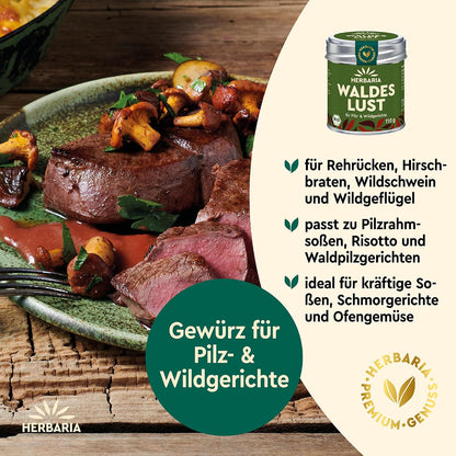 Teller mit Wildfleisch, Pilzen und Soße, daneben Herbaria Waldeslust Dose, Hinweis auf Verwendung für Pilzgerichte und Wildgeflügel.