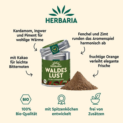 Herbaria Waldeslust 110g Dose mit aufgeschüttetem Gewürzsalz daneben, Zutaten und Eigenschaften der Gewürzmischung grafisch hervorgehoben.