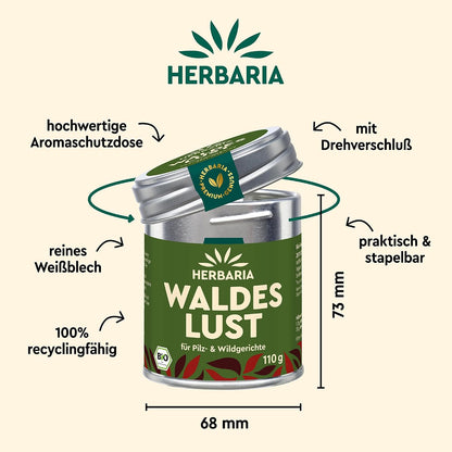 Herbaria Waldeslust 110g Dose mit geöffnetem Deckel, Maße und Eigenschaften der nachhaltigen Aromaschutz-Dose grafisch erklärt.