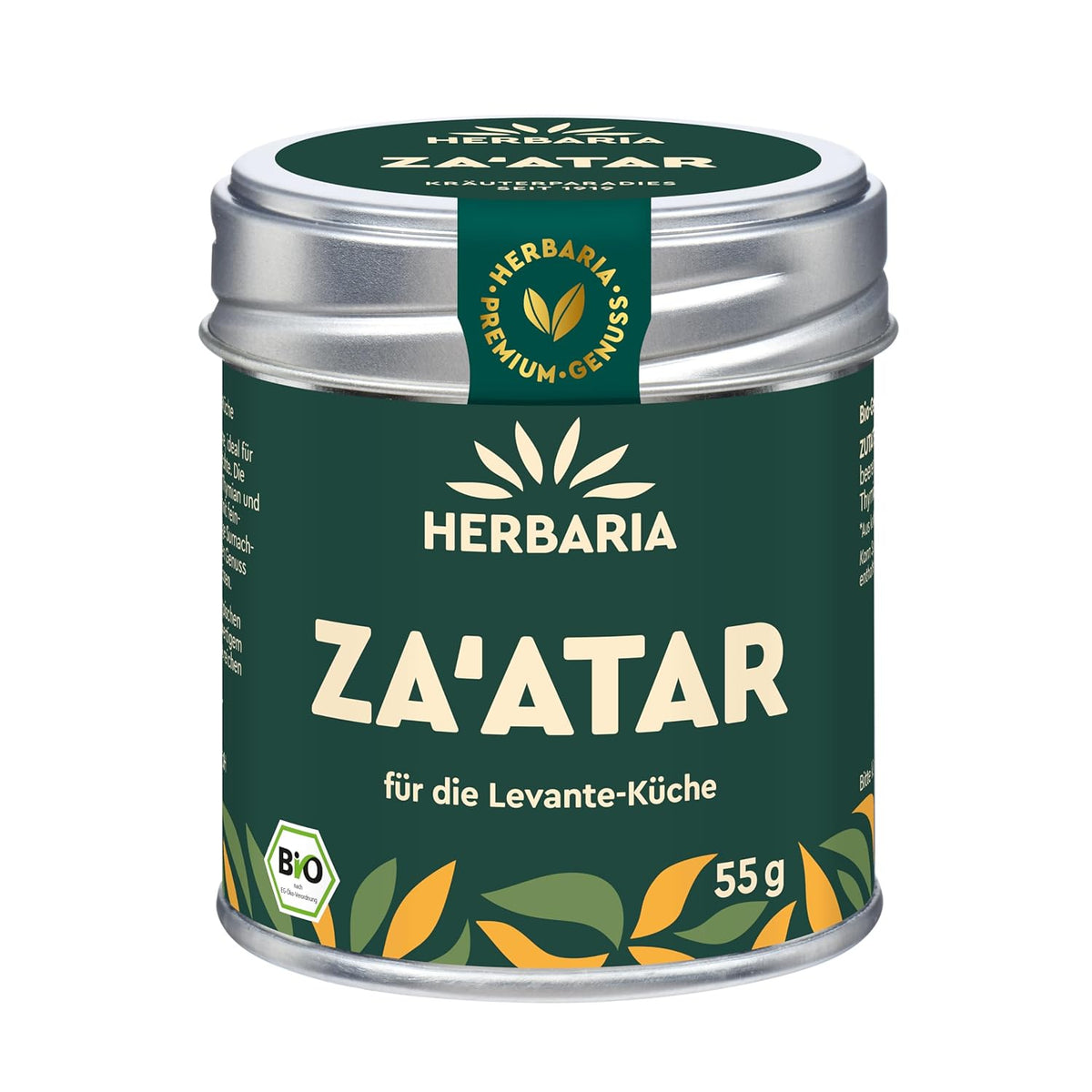 Herbaria Za'atar Gewürzdose mit grünem Etikett und silbernem Deckel, 55g, Vorderansicht.