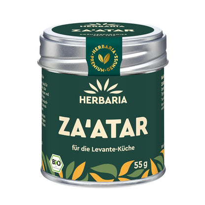 Herbaria Za'atar Gewürzdose mit grünem Etikett und silbernem Deckel, 55g, Vorderansicht.