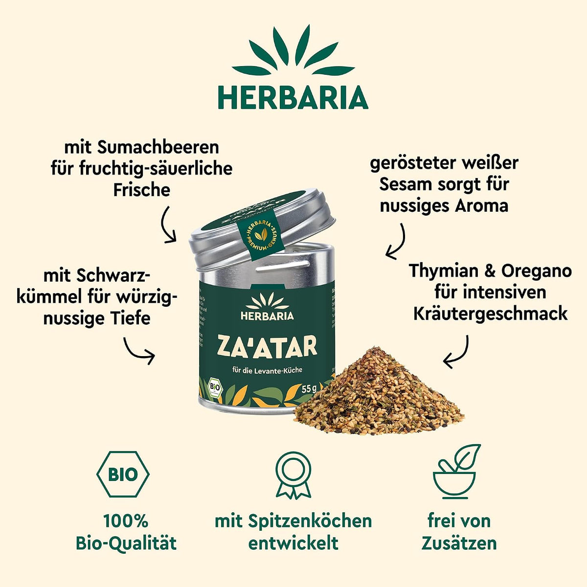 Herbaria Za'atar Dose geöffnet, daneben ein Haufen der orientalischen Gewürzmischung auf hellem Untergrund.