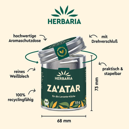 Herbaria Za'atar Dose mit geöffnetem Deckel, daneben Maße und Hinweise zur Dose aus Weißblech.