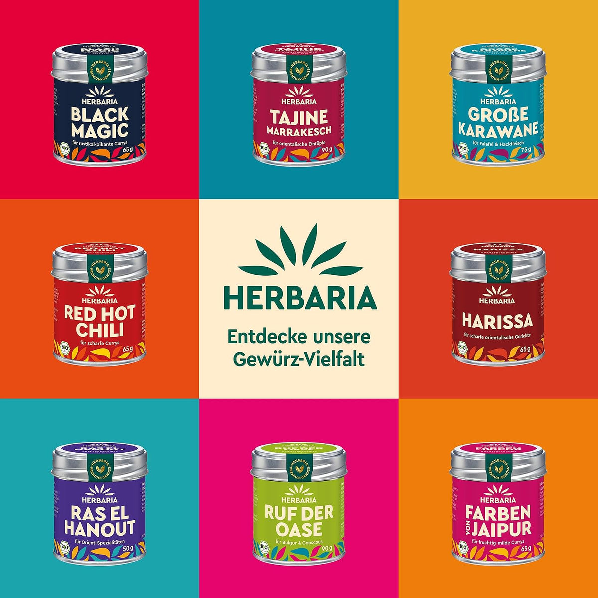 Verschiedene Herbaria Gewürzdosen, darunter Za'atar, auf buntem Hintergrund in quadratischer Anordnung.