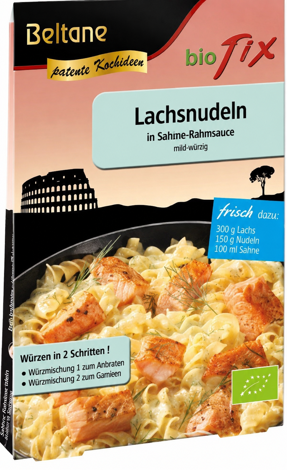 Beltane Biofix Lachsnudeln, frische Bio-Lachsnudeln, perfekt für Kochen, auf einem weißen Teller präsentiert