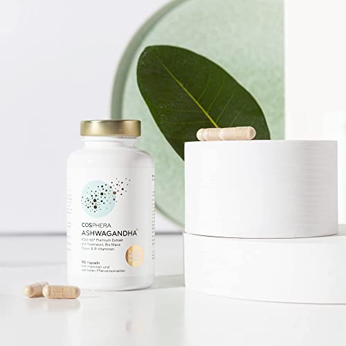 Bild der Dose von Cosphera Ashwagandha Kapseln 500mg vegan und Kapseln abgebildet. 
