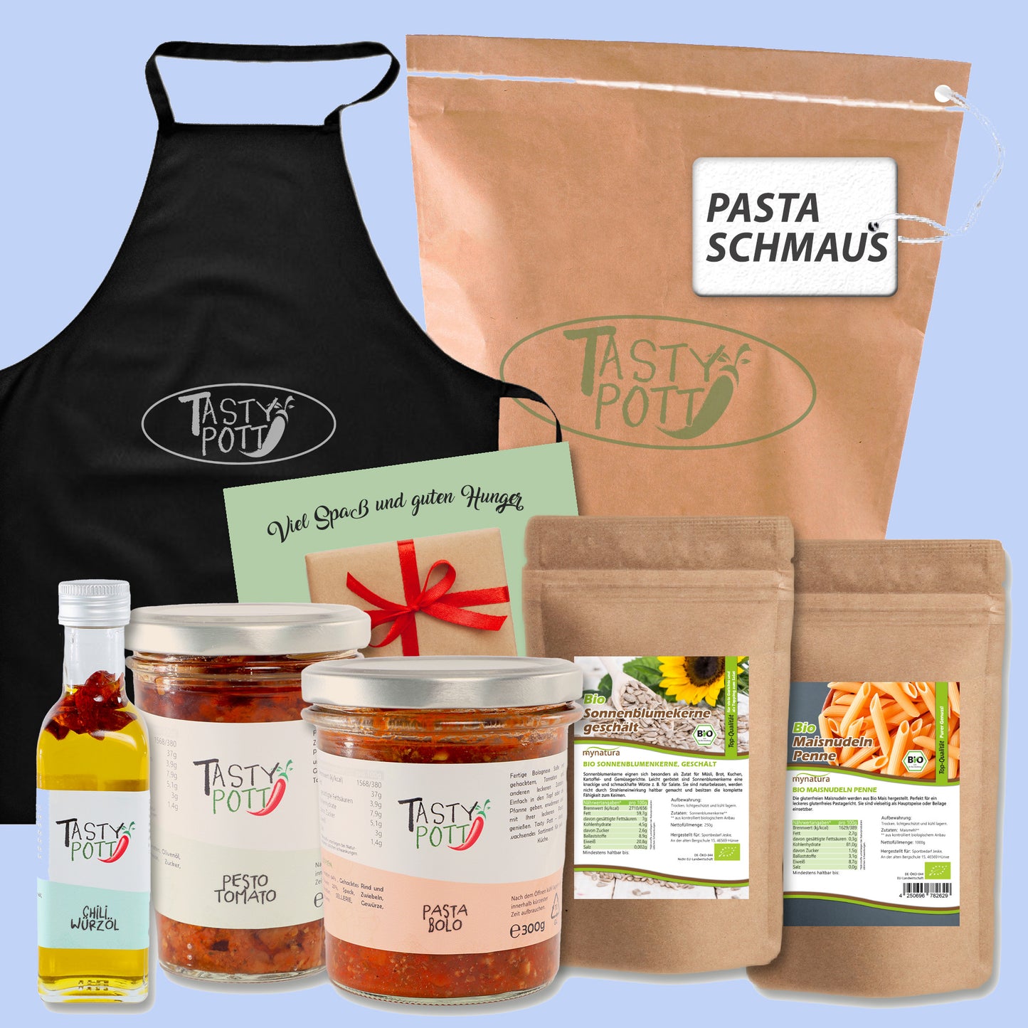 Buntes Pasta-Set 'Pasta Schmaus' von Tasty Pott, ideal für Nudelliebhaber, mit verschiedenen bunten Pasta-Sorten.