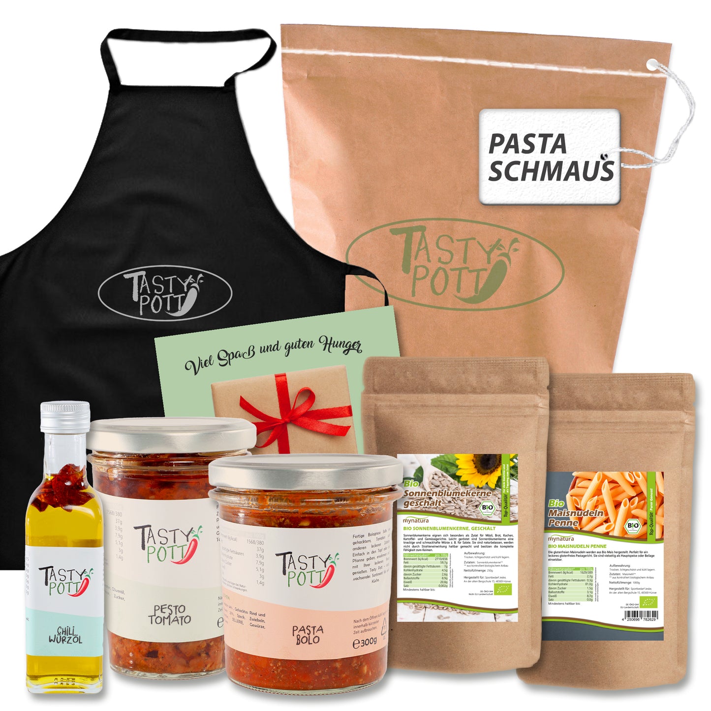 Tasty Pott Pasta Set 'Pasta Schmaus' mit verschiedenen Nudelsorten, ideal für Nudelfans, im attraktiven Verpackungsdesign.