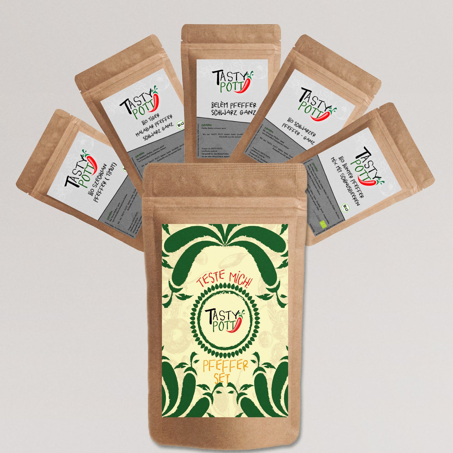Tasty Pott Pfeffer Set - 5x 30g Probiergröße - Pfefferkörner - Verschiedene Sorten