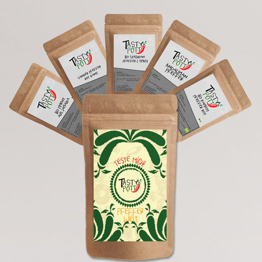 Tasty Pott Pfeffer Welt Set - 5x 30g Probierset - Pfefferkörner - Geschmacksintensiv