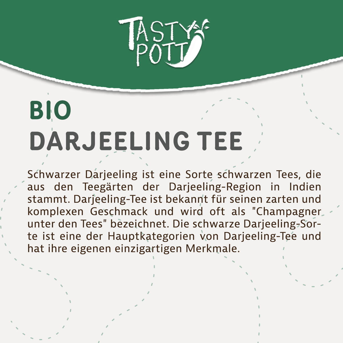 Infografik mit Beschreibung zum Tasty Pott Darjeeling Schwarztee und Informationen zur Herkunft und Sorte.