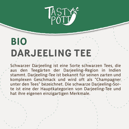 Infografik mit Beschreibung zum Tasty Pott Darjeeling Schwarztee und Informationen zur Herkunft und Sorte.