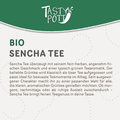 Detailansicht der Produktbeschreibung für Tasty Pott Bio Sencha Tee mit Informationen zum Geschmack und zur Verwendung von grünem Tee.