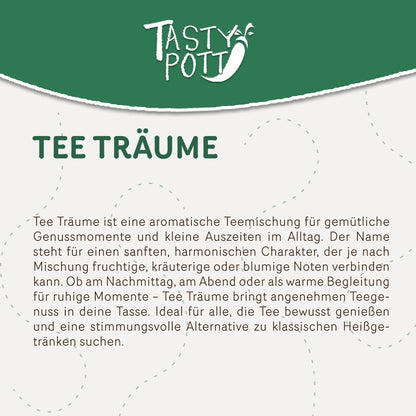 Detailansicht des Etiketts der Tee Träume Dose von Tasty Pott mit Produktbeschreibung auf grün-weißem Hintergrund.
