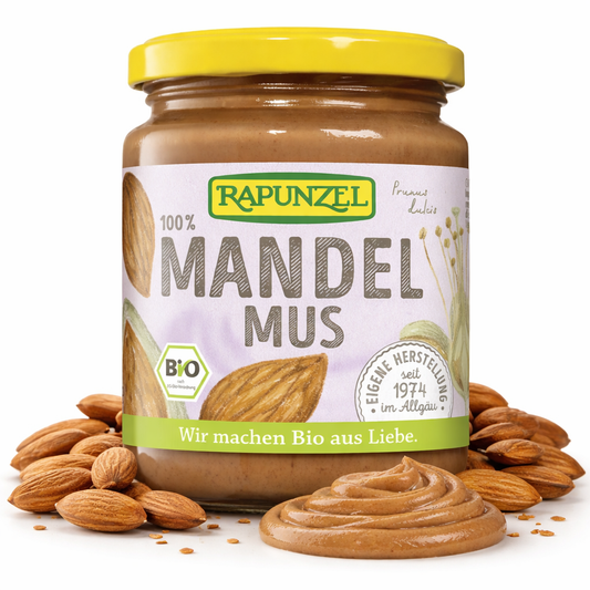Bio Mandelmus von Rapunzel in 250g Packung, cremige Mandelcreme zum Kochen und Backen, naturbelassen, vegan, glutenfrei.