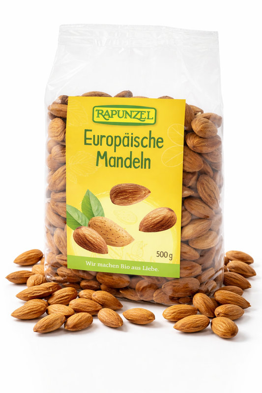 Bio-Mandeln von Rapunzel, europäische Mandeln in einer Schüssel, ideal zum Kochen, ab 500g Verpackung.