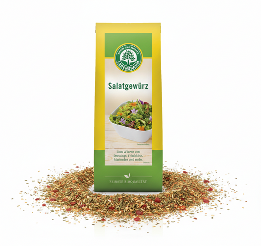 Lebensbaum Bio Salatgewürz in 3x 40g, frische Kräuter und Gewürze für Salate, in einer transparenten Gewürzdose.