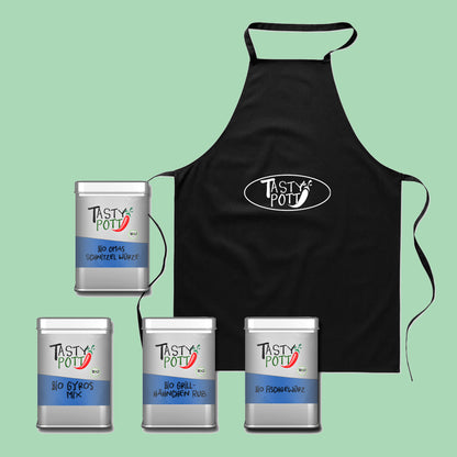 Tasty Pott Bio Gewürz Set 7 - Schmackhafte Fleischgewürze + Schürze