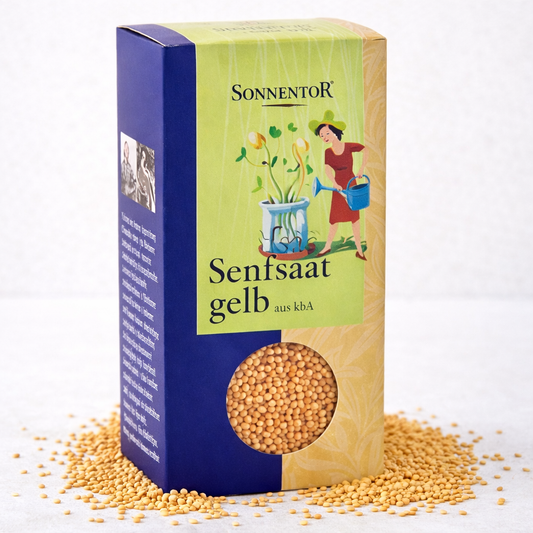 Gelbe Senfsaat von Sonnentor, biologisch, in einer 120g Packung, ideal zum Kochen und Würzen in der Küche.
