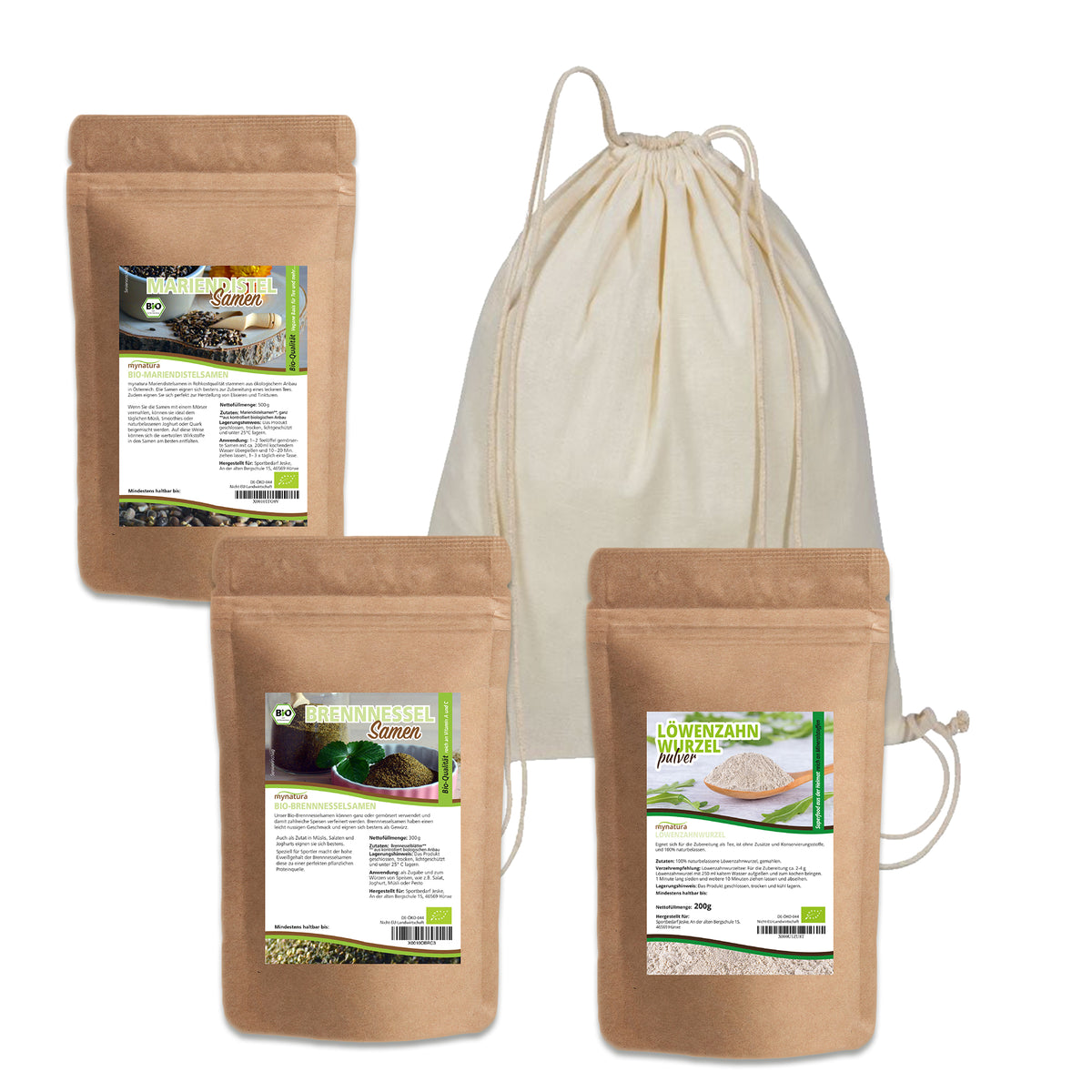 Mynatura Tee Set No.2 I Bio Mariendistel Samen I Bio Brennnessel Samen I Löwenzahn Wurzelpulver - fit and life shop