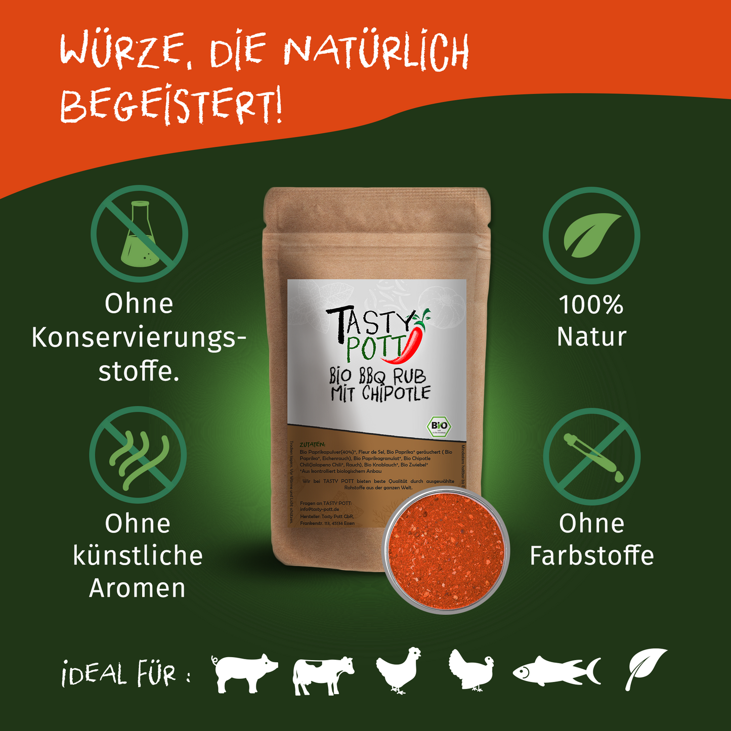 Tasty Pott Bio BBQ Rub mit Chipotle - im Beutel