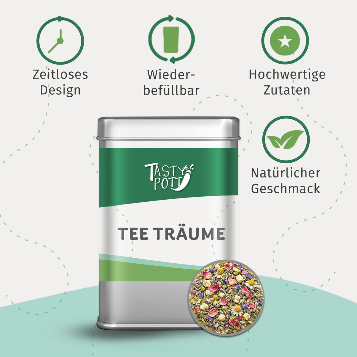 Tee Träume Dose von Tasty Pott im Vordergrund, umgeben von Icons zu Design, Wiederbefüllbarkeit, hochwertigen Zutaten und natürlichem Geschmack.