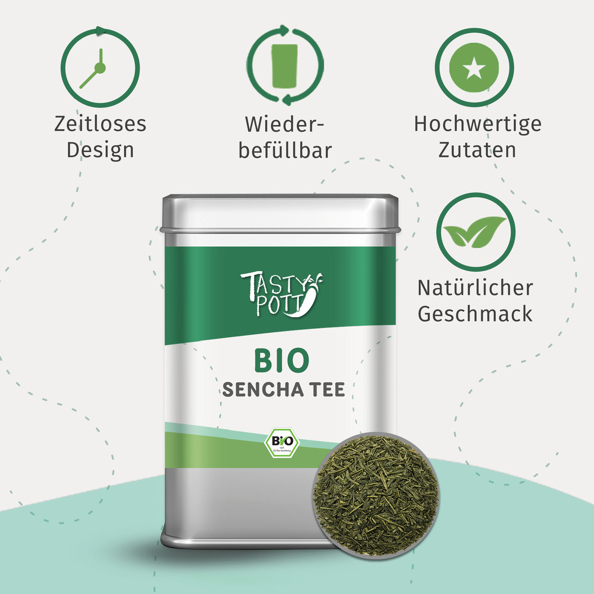 Tasty Pott Sencha Tee Dose mit grünem Tee, umgeben von Icons zu Design, Wiederbefüllbarkeit und natürlichen Zutaten.