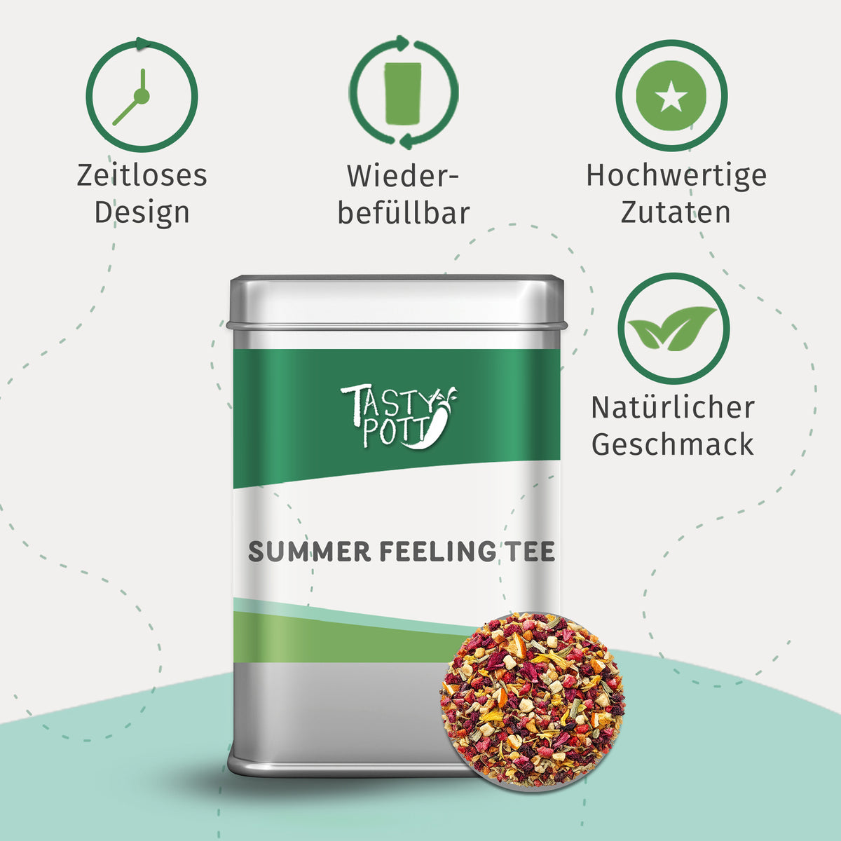 Dose Summer Feeling Tee von Tasty Pott mit grafischen Icons für zeitloses Design, Wiederbefüllbarkeit und hochwertige Zutaten.