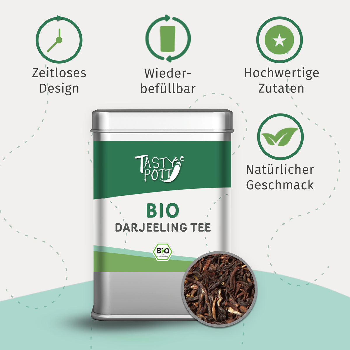 Tasty Pott Darjeeling Tee Dose mit losem Schwarztee und Symbolen für Design, Wiederbefüllbarkeit und natürliche Zutaten.
