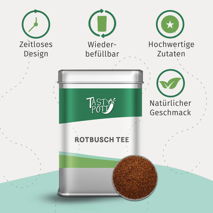Tasty Pott Dose rotbuschtee im Vordergrund, darüber Icons für zeitloses Design, Wiederbefüllbarkeit, hochwertige Zutaten und natürlichen Geschmack.