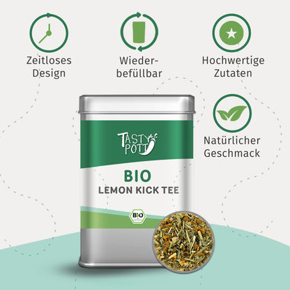 Tasty Pott Lemon Kick Tee Dose mit Teeblättern im Vordergrund, umgeben von Icons für Design, Wiederbefüllbarkeit und Zutaten.