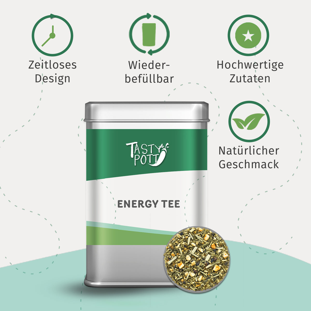 Energy Tee Dose von Tasty Pott mit Sichtfenster auf die kräutertee Mischung, umgeben von Icons für Design und Qualität.