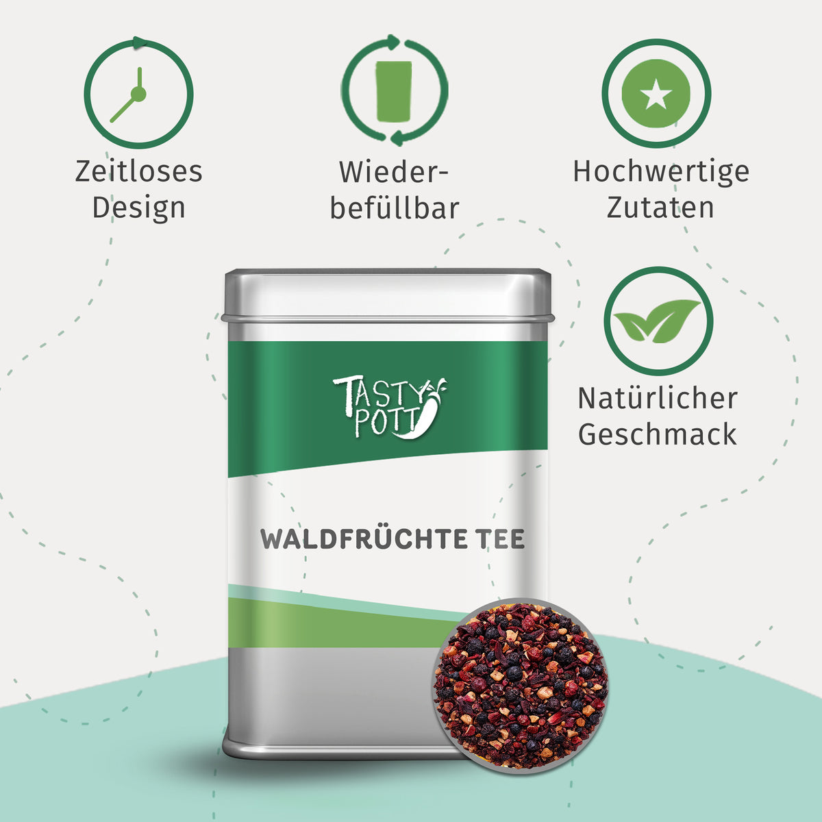 Waldfrüchte Tee von Tasty Pott in silberner Dose, daneben eine Nahaufnahme des losen Früchtee-Mixes und Icons zu Design und Qualität.
