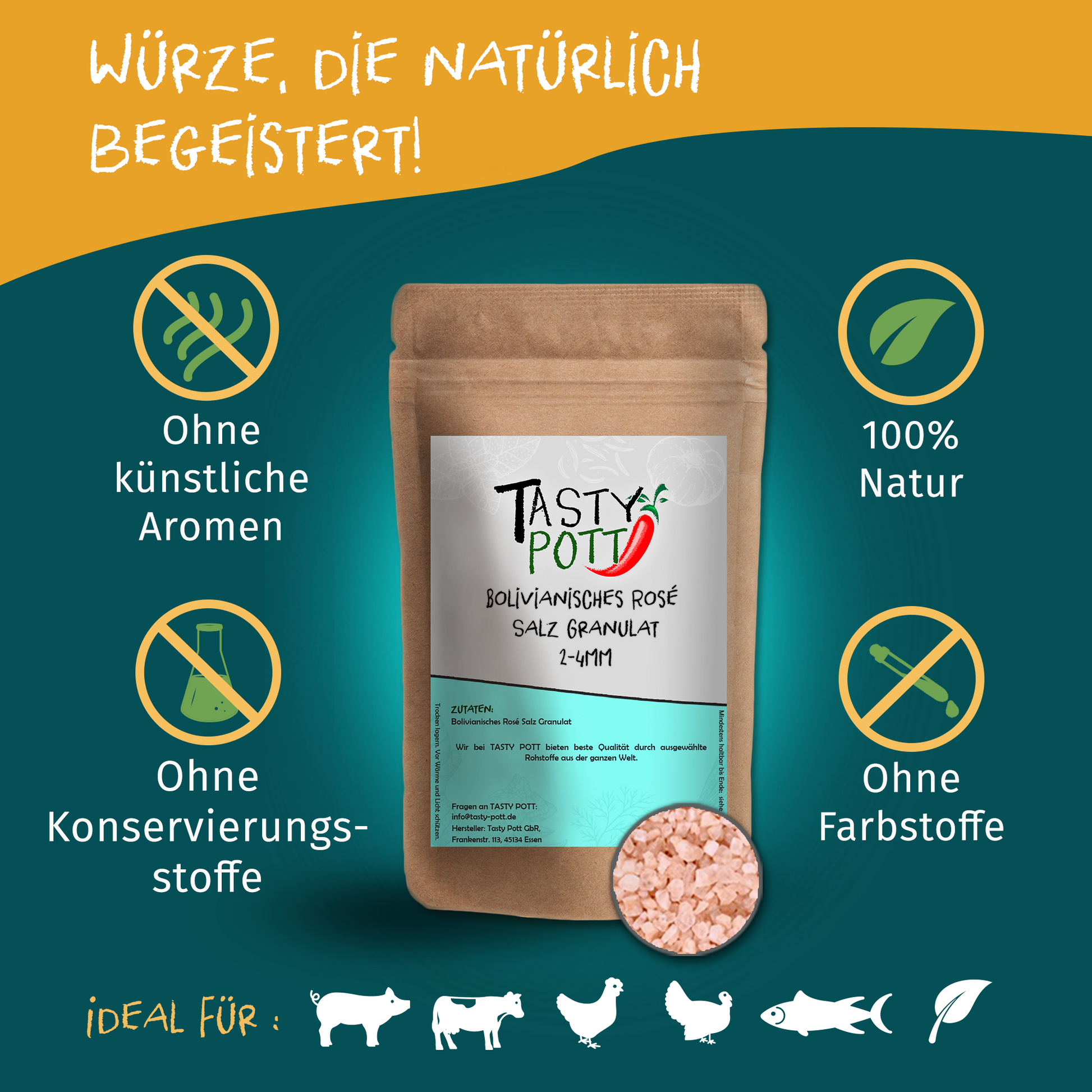Tasty Pott Bolivianisches Rosé Salz Granulat (2-4mm) Nachfüllbeutel 250g - fit and life shop