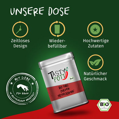 Tasty Pott Bio Chili Pulver - mittelscharf - 80g Dose