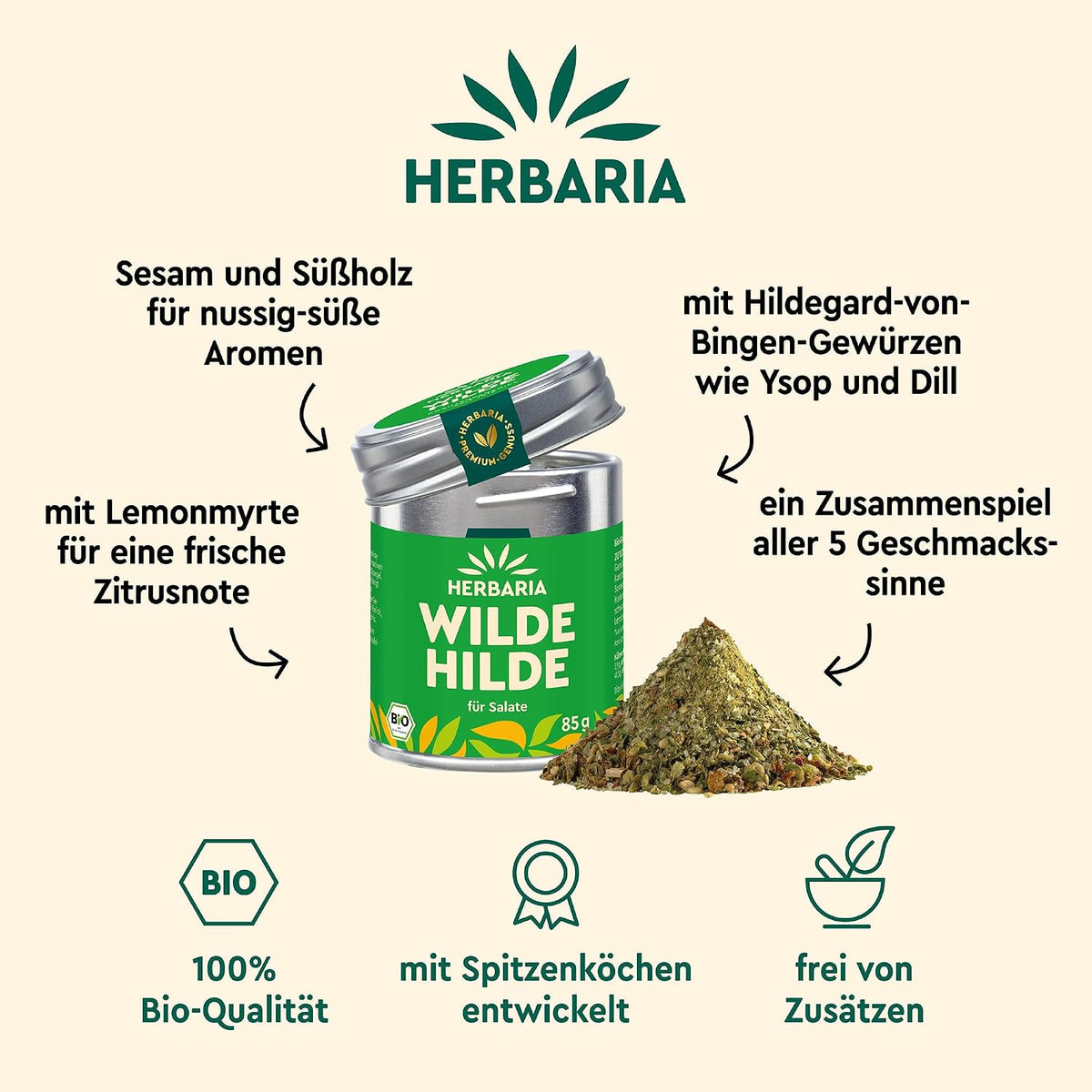 Herbaria Wilde Hilde Dose neben einem Haufen Gewürzmischung, umgeben von erklärenden Texten zu Zutaten und Eigenschaften.