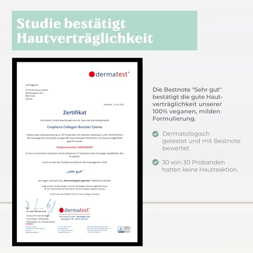 COSPHERA Collagen Booster Creme mit Dermatest-Siegel „Sehr gut“ zur bestätigten Hautverträglichkeit