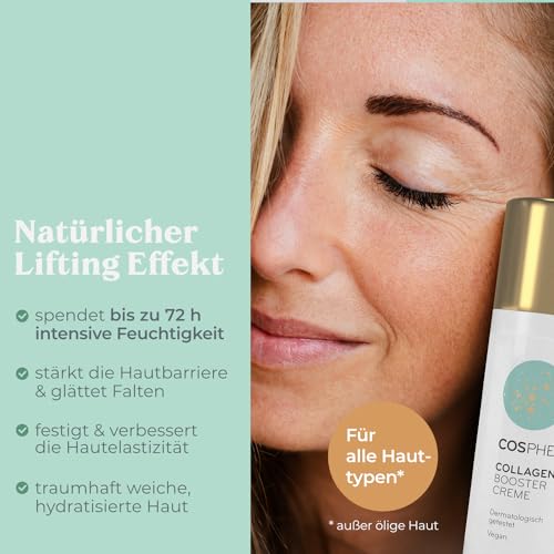 Frau mit COSPHERA Collagen Booster Creme und Hinweis der empfohlenen Hauttypen und weiteren Infos zum Produkt