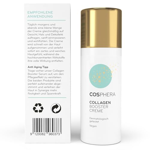 COSPHERA Collagen Booster Creme mit Produkt und seitlicher Verpackungsansicht mit Produktinformationen